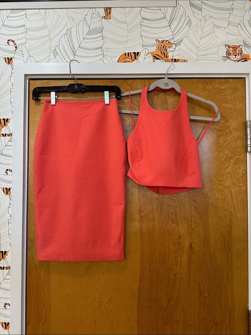 Elizabeth and James Coral Pencil Skirt & Crop Top Set